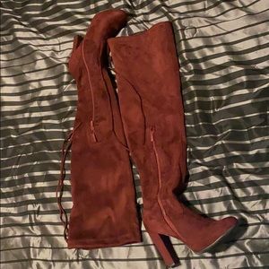 High Knee Red Wine Suede Boots